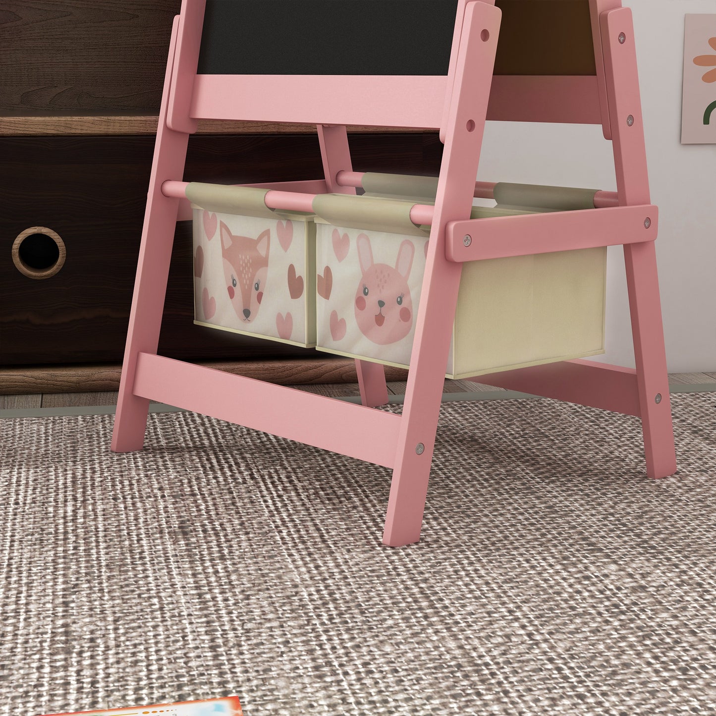 Kids Easel with Paper Roll, Blackboard, Whiteboard, Storage, Pink