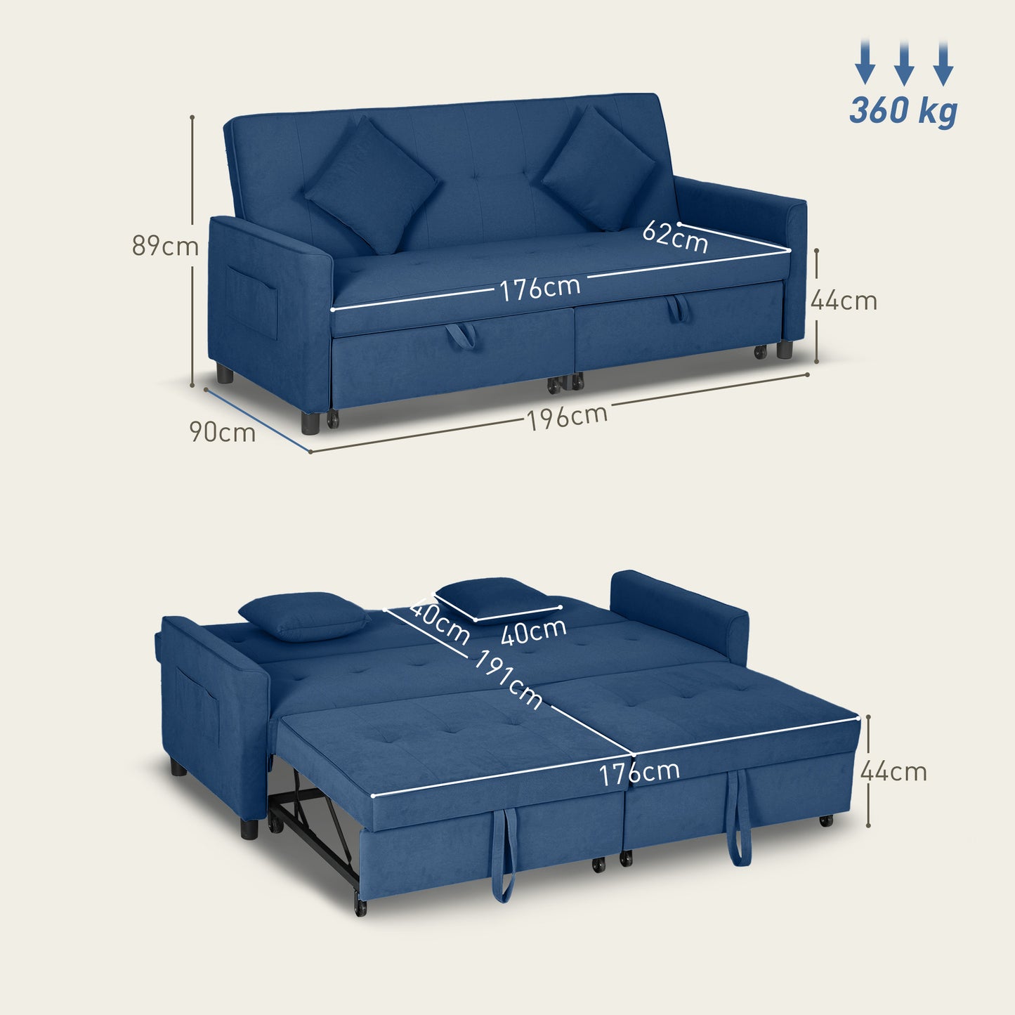 Reversible L-Shaped Sectional Sofa Bed with Cushions, Blue