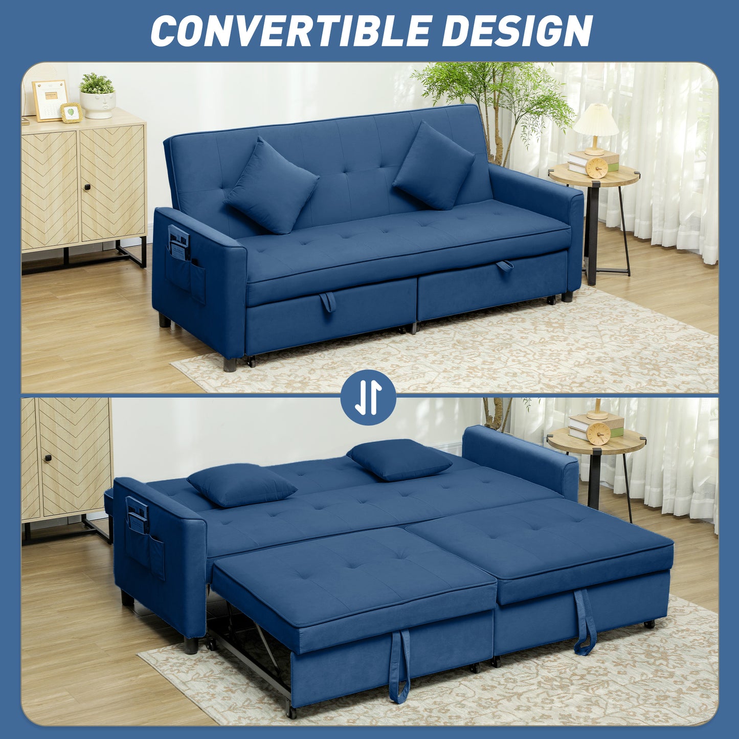 Reversible L-Shaped Sectional Sofa Bed with Cushions, Blue