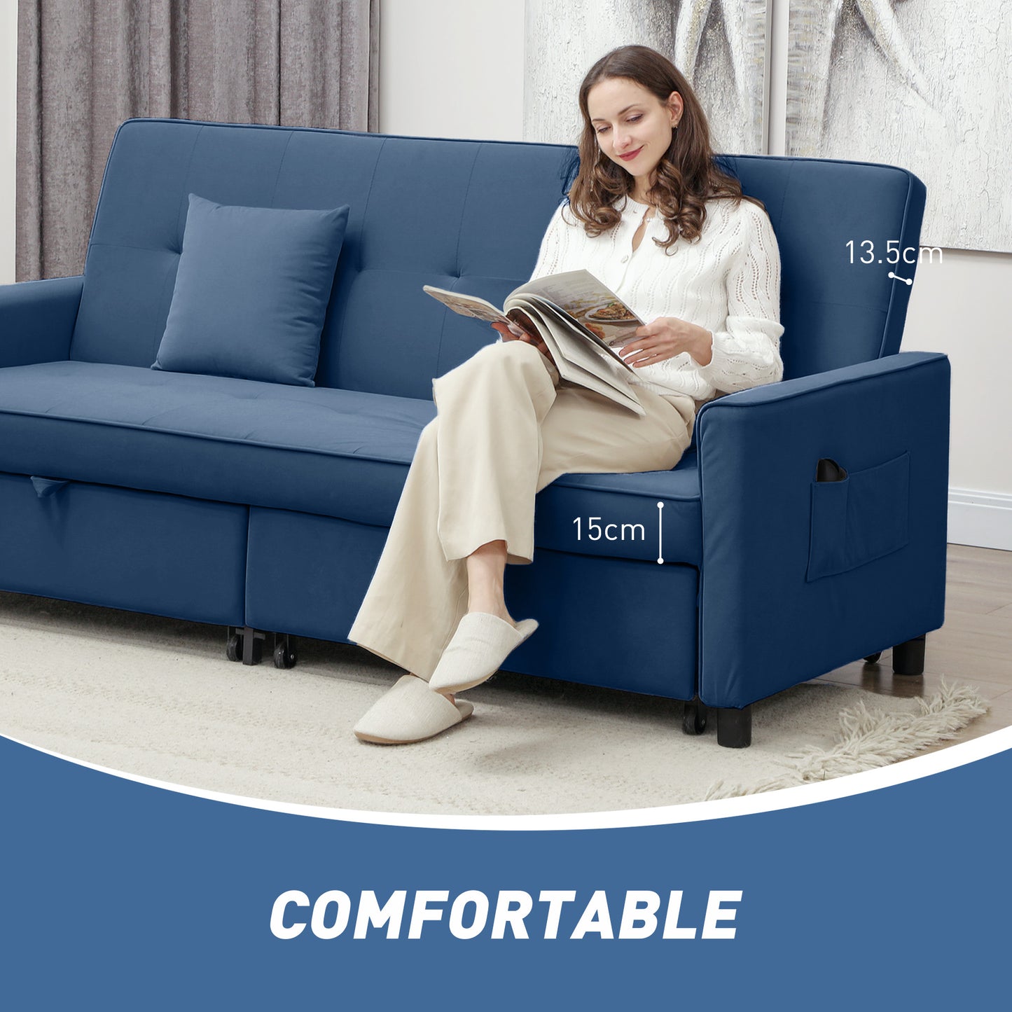 Reversible L-Shaped Sectional Sofa Bed with Cushions, Blue