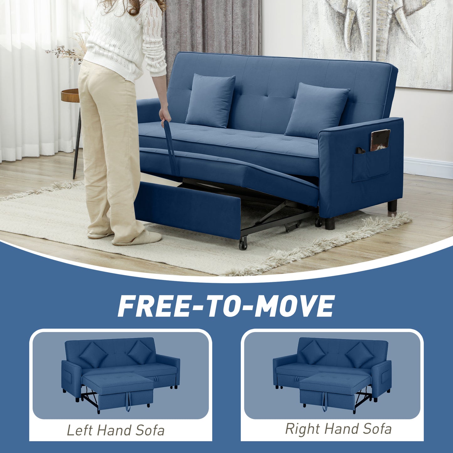 Reversible L-Shaped Sectional Sofa Bed with Cushions, Blue