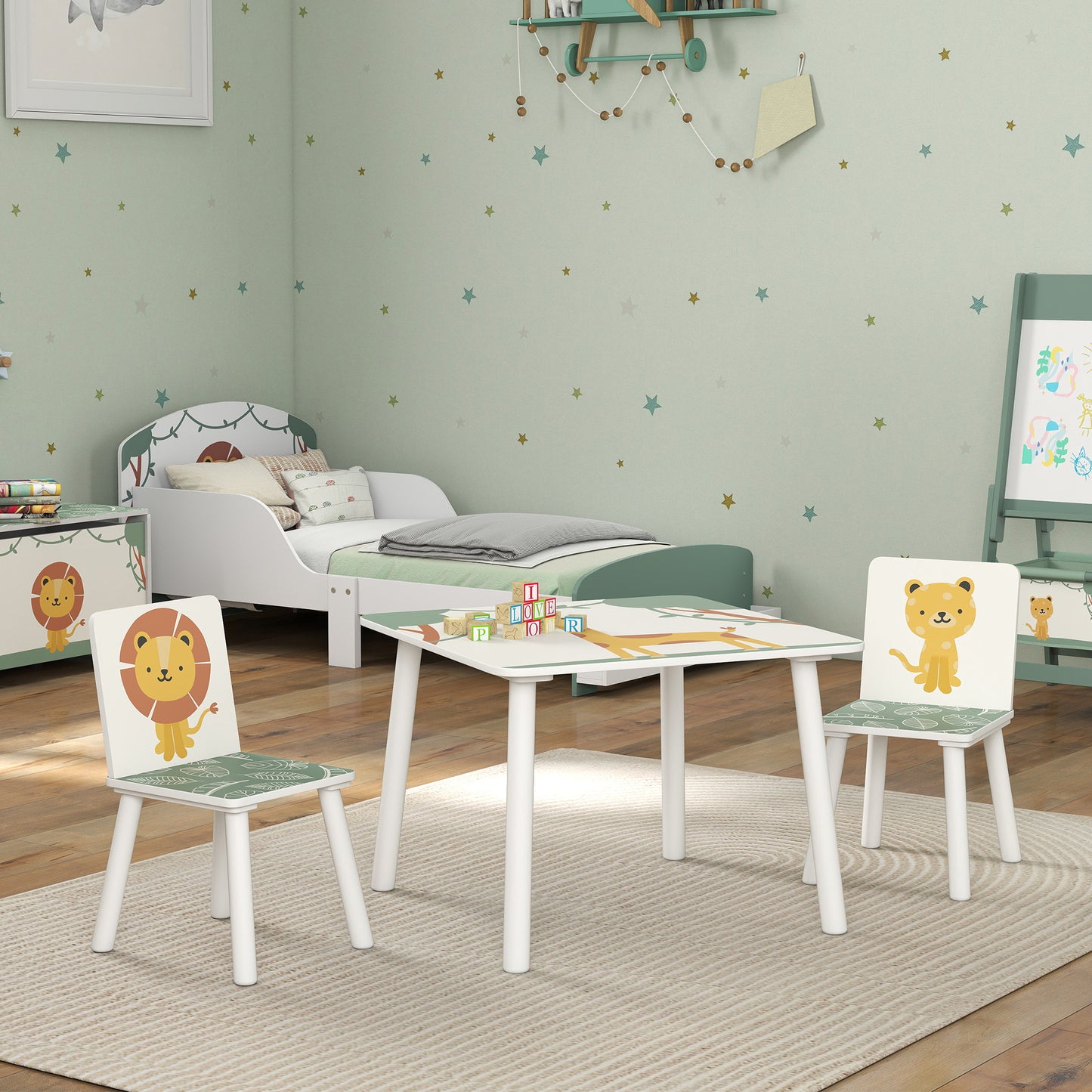3-Piece Kids Table and Chair Sets, Kids Table with 2 Chairs Set Furniture with Star Pattern for Boys and Girls, Bedroom, Nursery, Playroom, Green