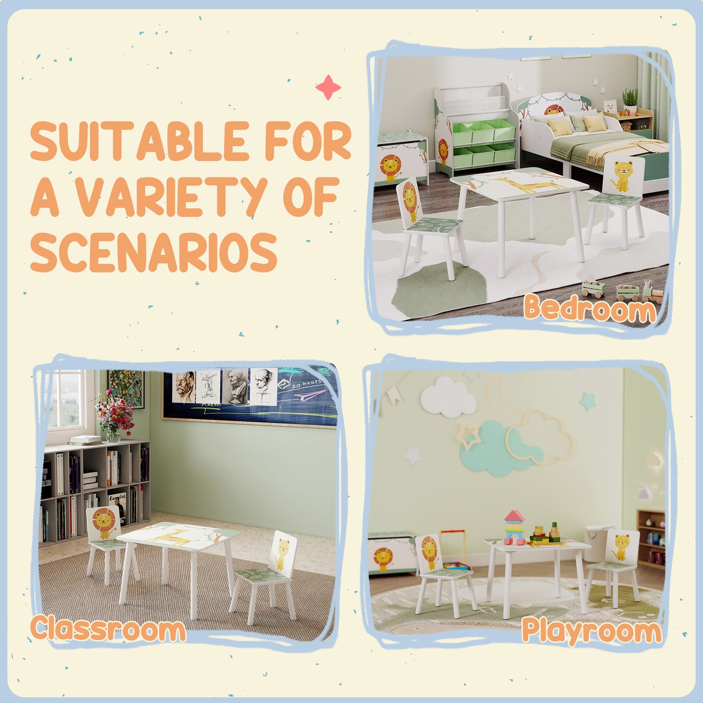 3-Piece Kids Table and Chair Sets, Kids Table with 2 Chairs Set Furniture with Star Pattern for Boys and Girls, Bedroom, Nursery, Playroom, Green
