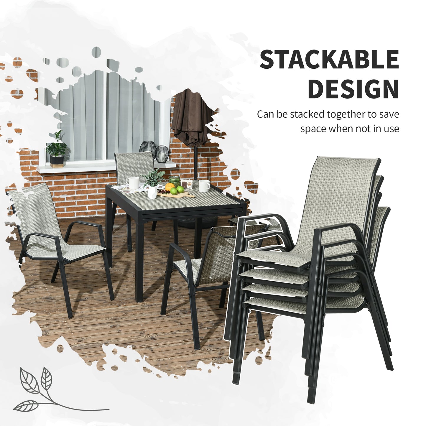 Stackable Outdoor Rattan Chairs Set of 4 with Armrests and Backrest, Mixed Grey