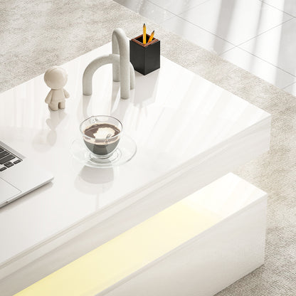 LED Coffee Table with Storage, High Gloss Living Room Table, White