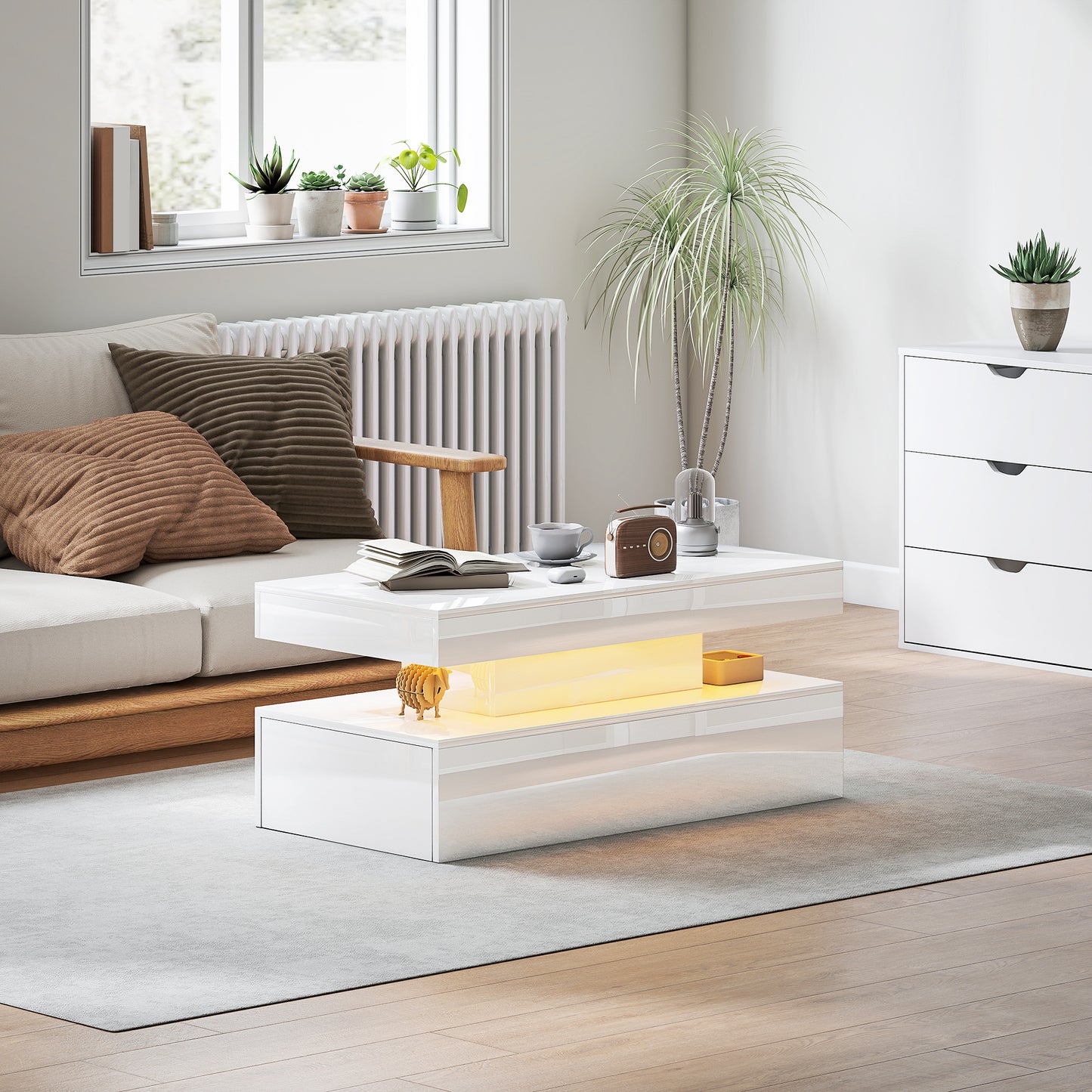 LED Coffee Table with Storage, High Gloss Living Room Table, White