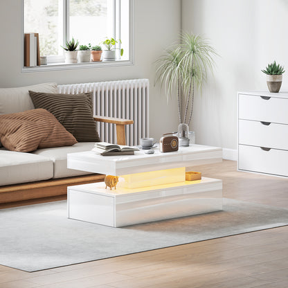 LED Coffee Table with Storage, High Gloss Living Room Table, White