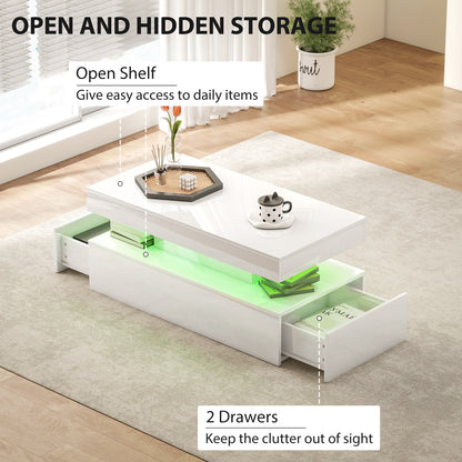 LED Coffee Table with Storage, High Gloss Living Room Table, White