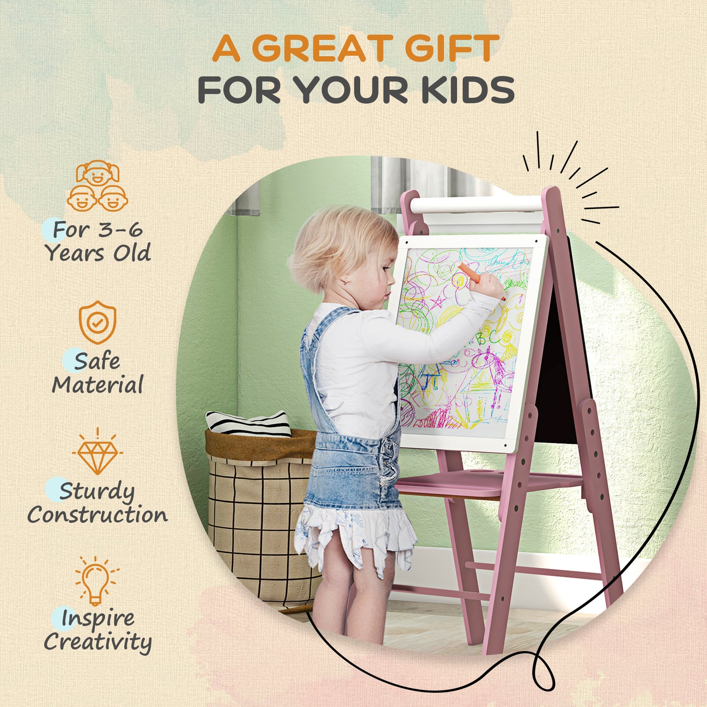 Three-in-One Easel for Kids, with Paper Roll, Adjustable Height - Pink