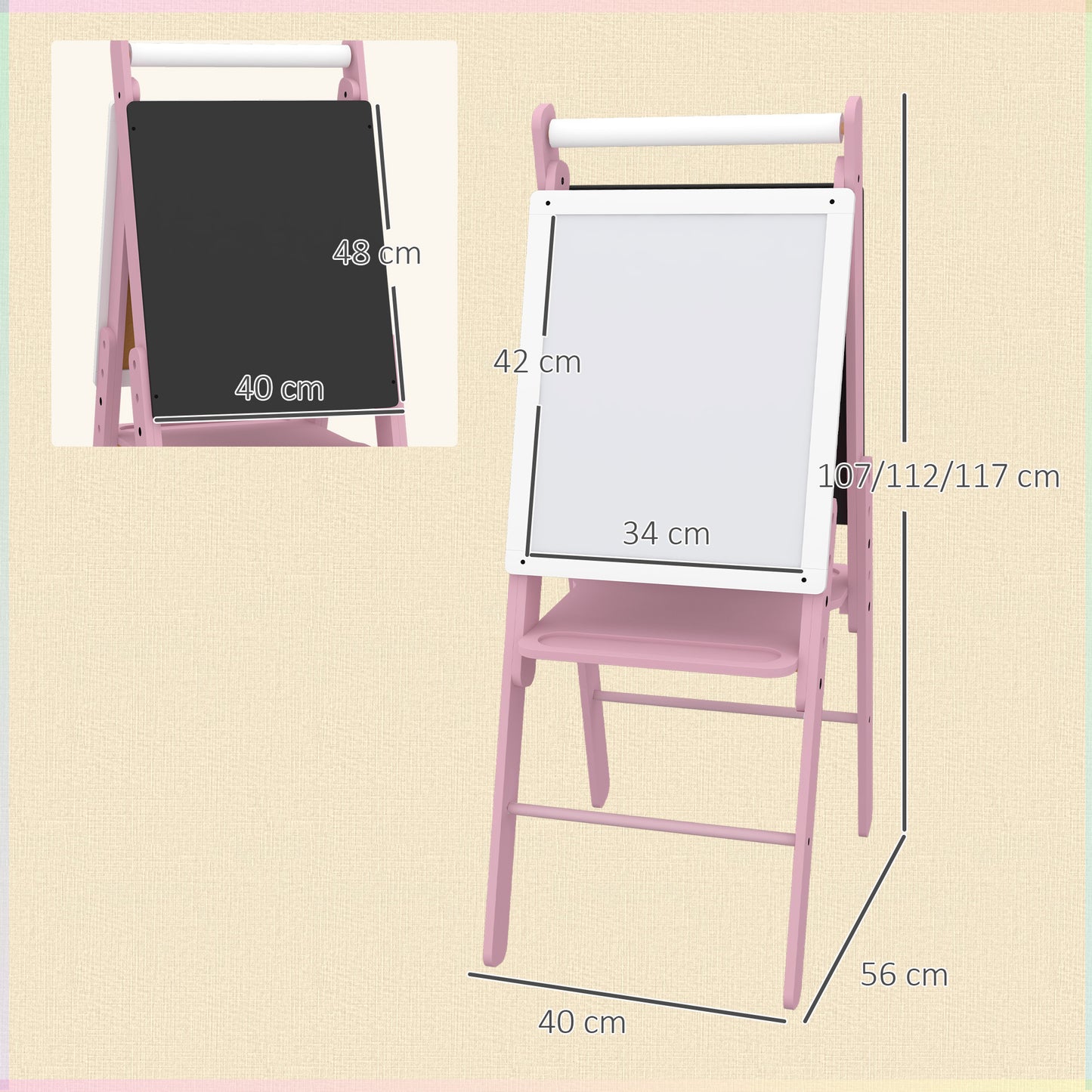 Three-in-One Easel for Kids, with Paper Roll, Adjustable Height - Pink