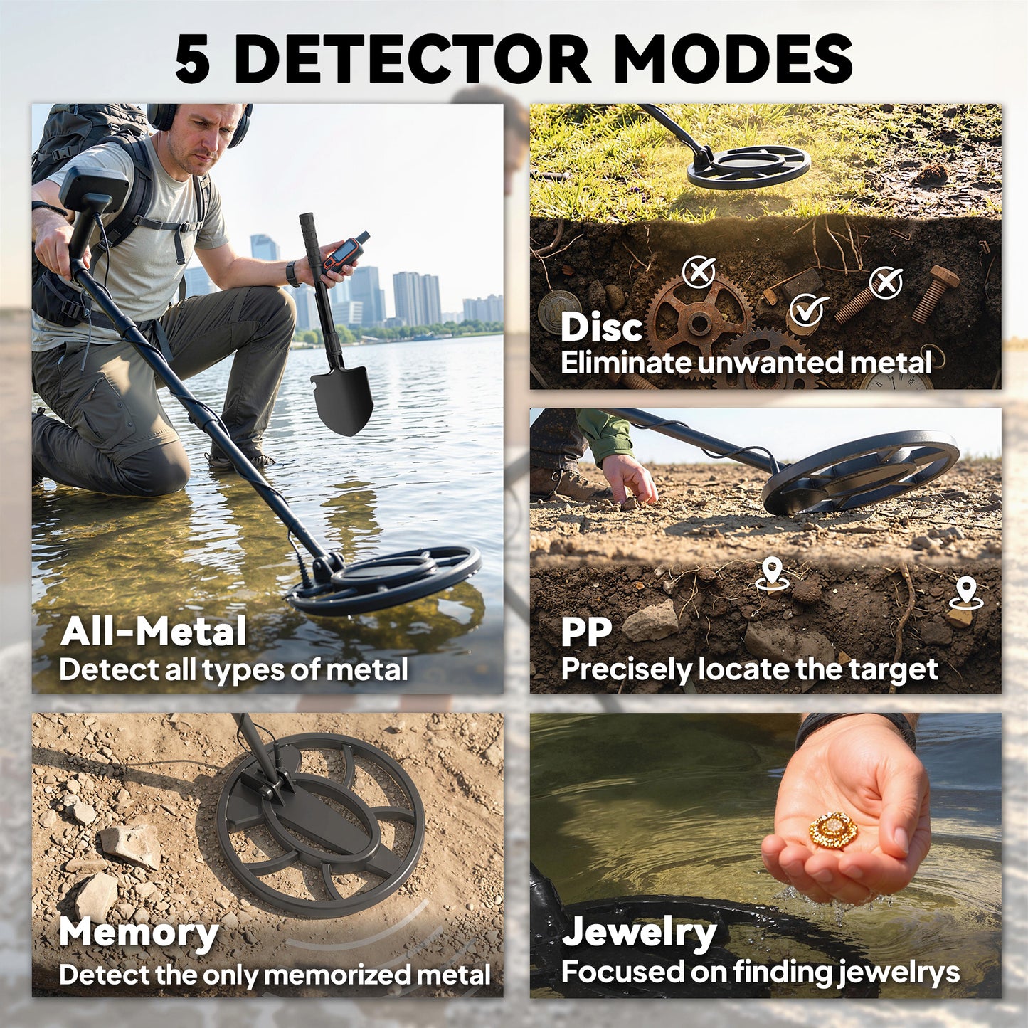 5 Modes Metal Detector for Adults with IP68 Waterproof Search Coil