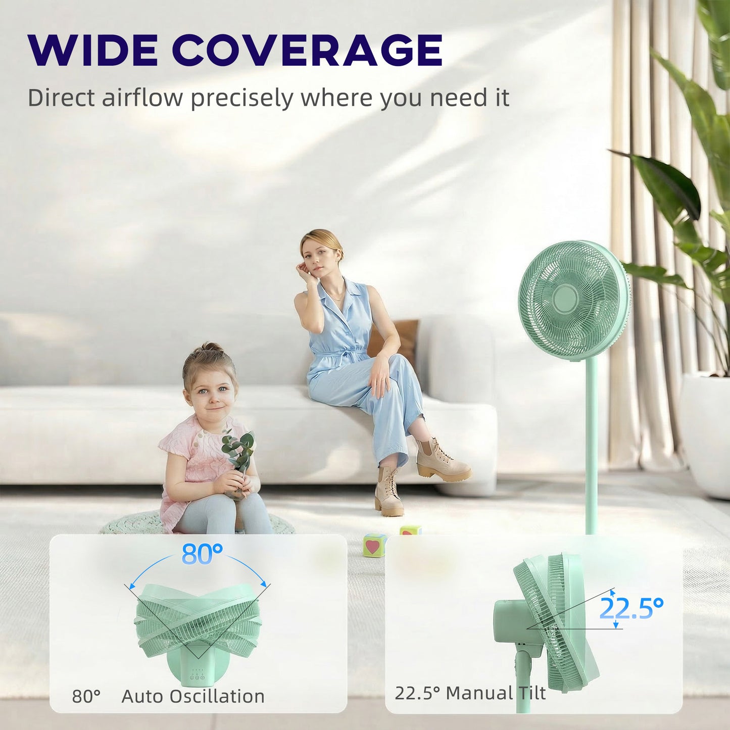 40 cm Standing Pedestal Fan, Quiet Electric Cooling Floor Fan, Green