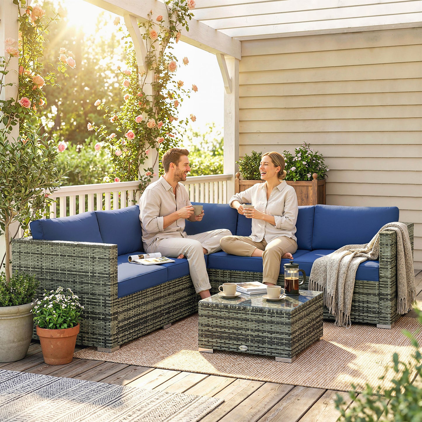 4 Pieces Rattan Garden Furniture Sofa Set with Coffee Table Blue