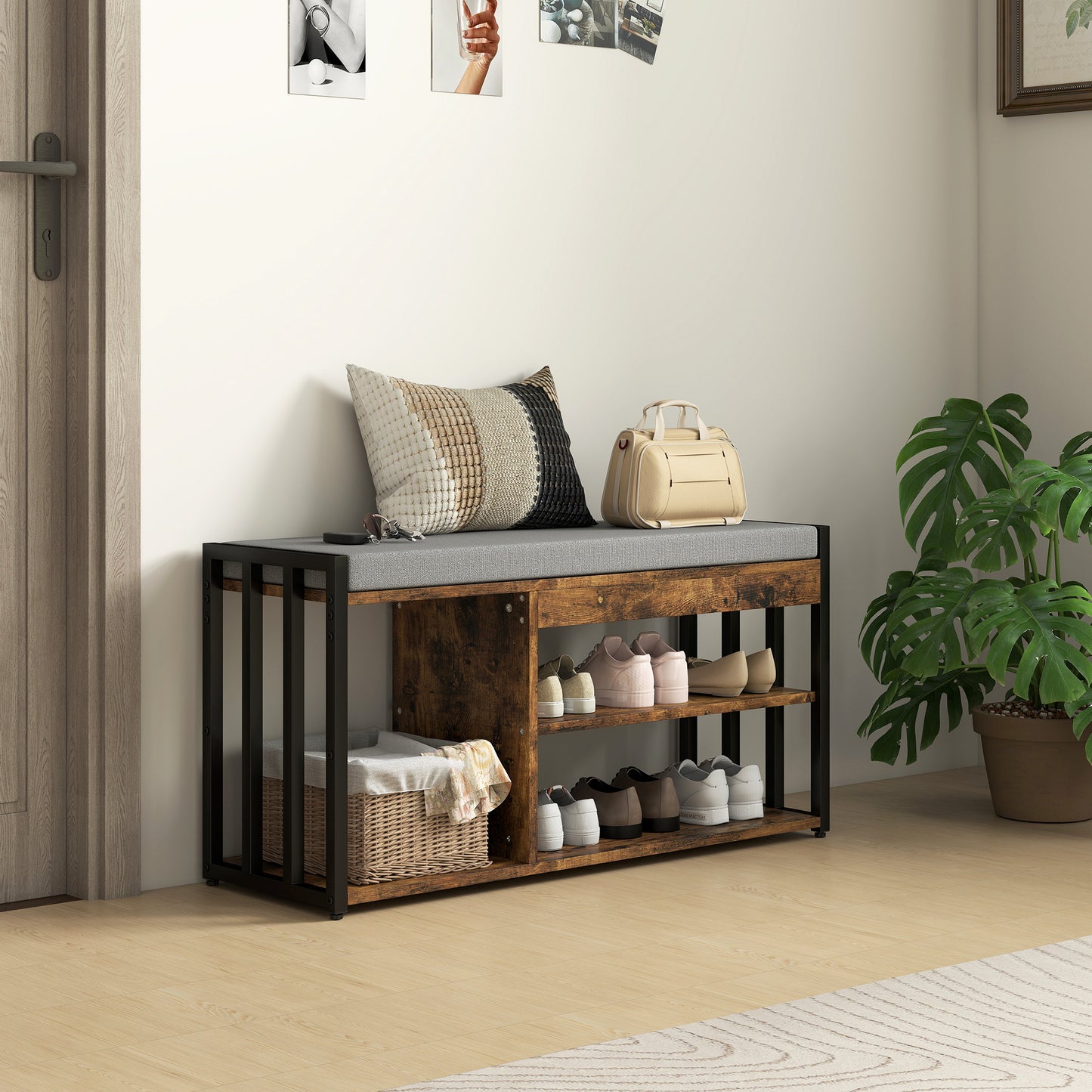 Upholstered Entryway Shoe Bench with Storage Shelves, Rustic Brown