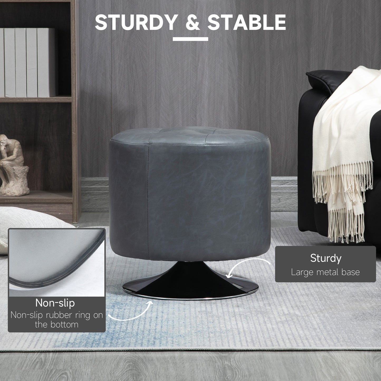360° Swivel Foot Stool PU Footstool with Thick Padding, Grey