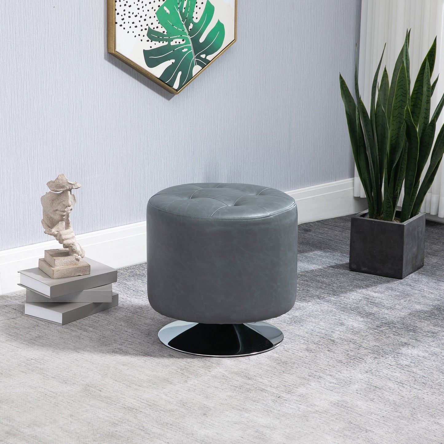 360° Swivel Foot Stool PU Footstool with Thick Padding, Grey