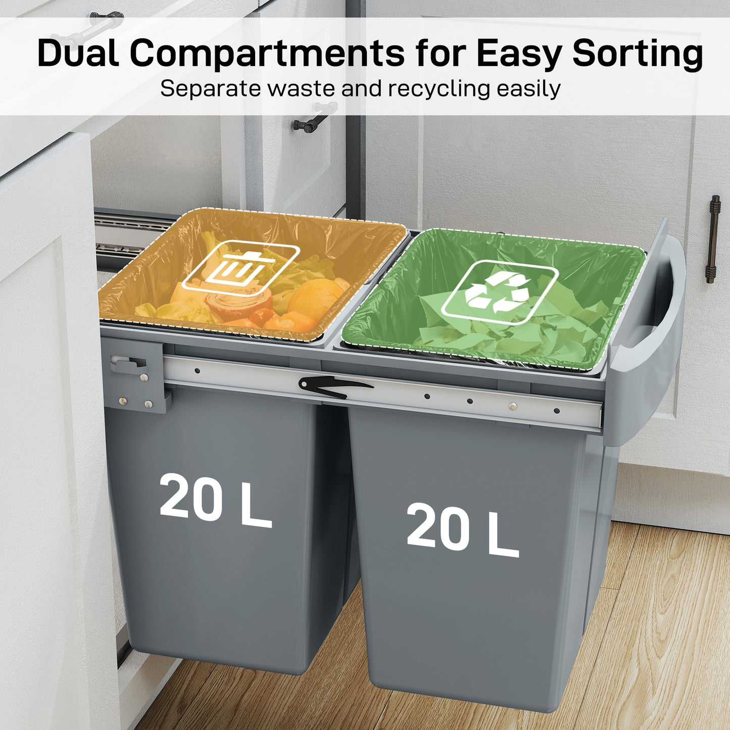 Kitchen Cupboard Bin with 40L Dual Compartment, Pull Out Bin, Grey