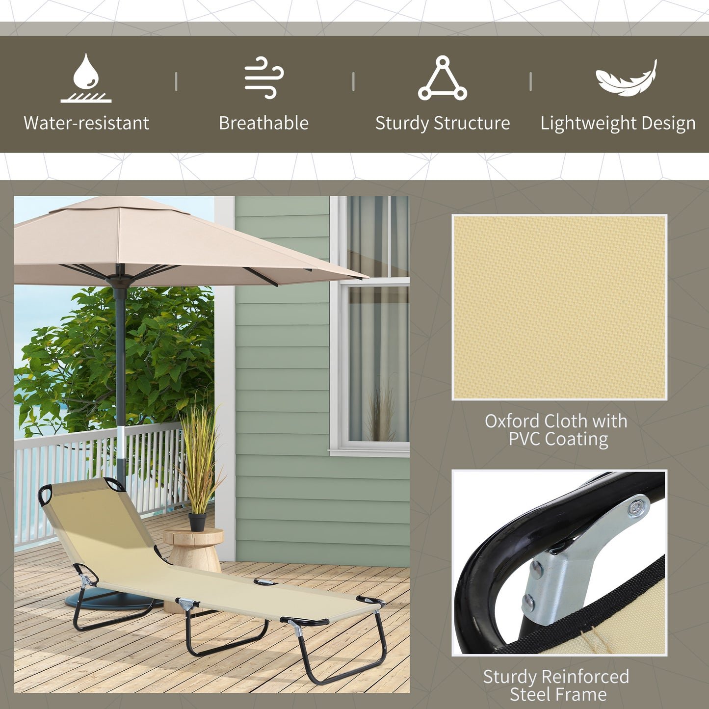 Portable Folding Sun Lounger With 5-Position Adjustable Backrest Relaxer Recliner with Lightweight Frame Great for Pool or Sun Bathing Beige