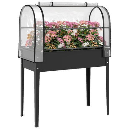 Metal Raised Planter with Flip-Up Greenhouse, Drainage Hole, Black