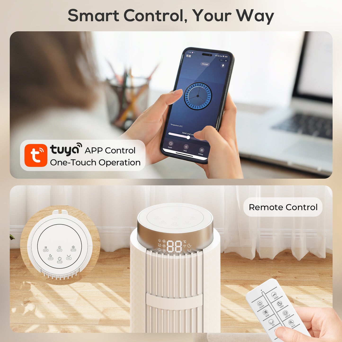 96 cm Tower Fan, Standing Floor Fan with Remote Control White