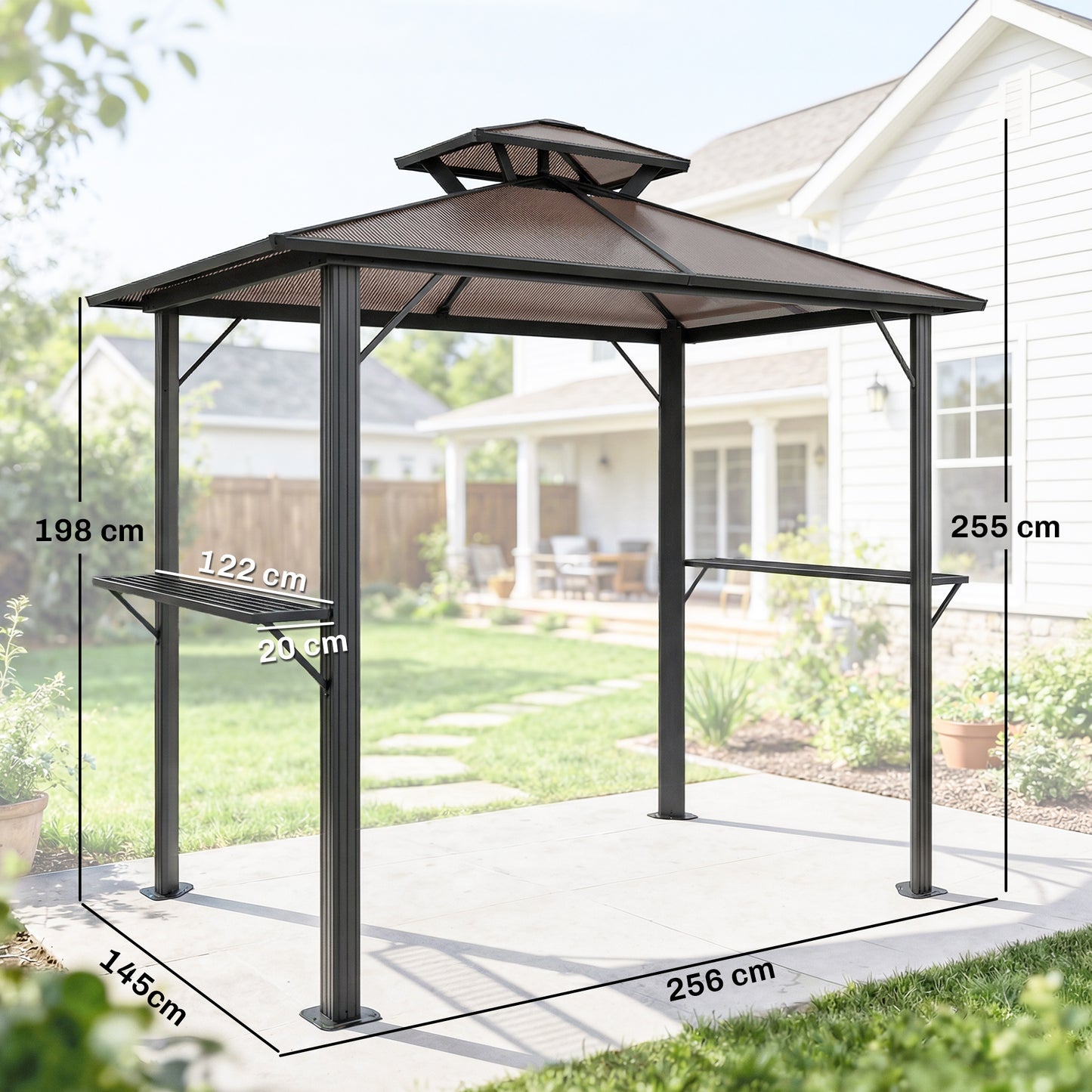 2.5 x 1.5 m Hardtop BBQ Grill Gazebo with Double Roof, Brown