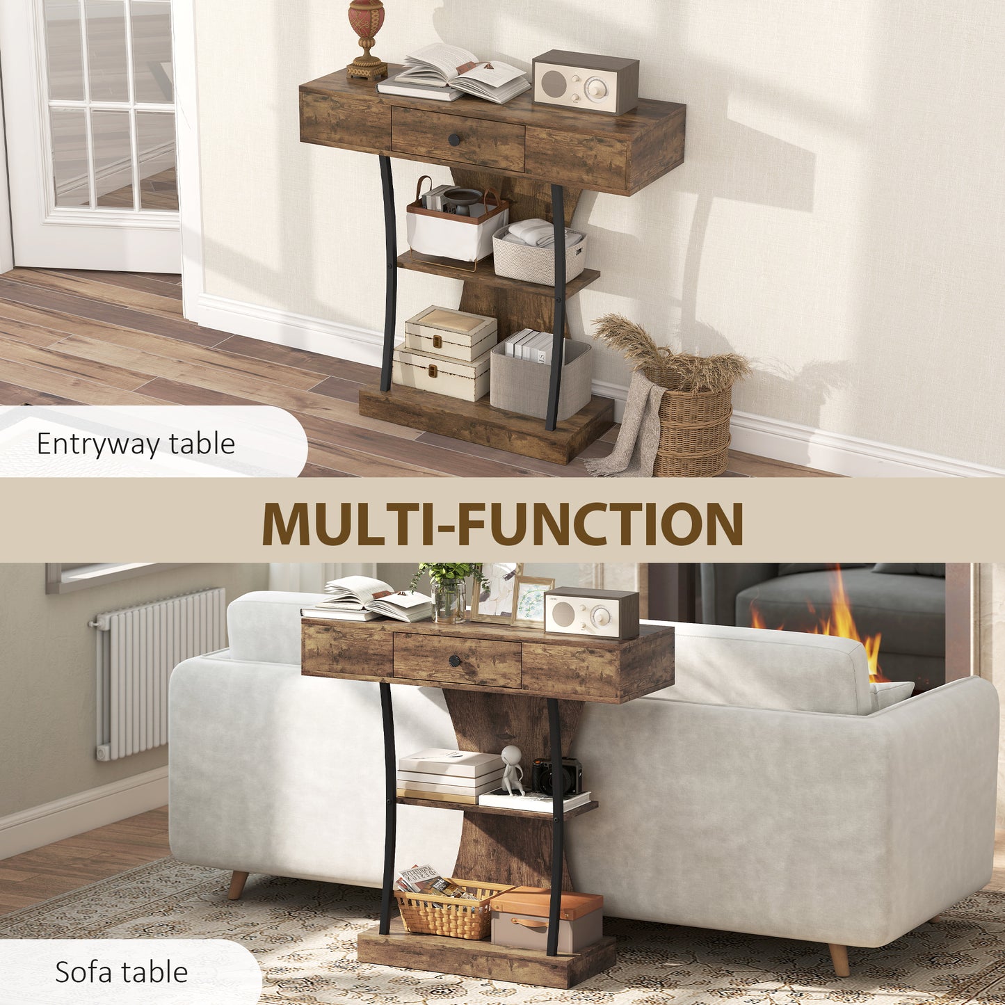 Console Table Hallway Table with Storage Shelves, Rustic Brown