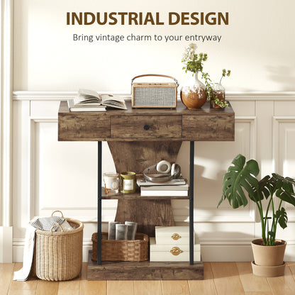 Console Table Hallway Table with Storage Shelves, Rustic Brown