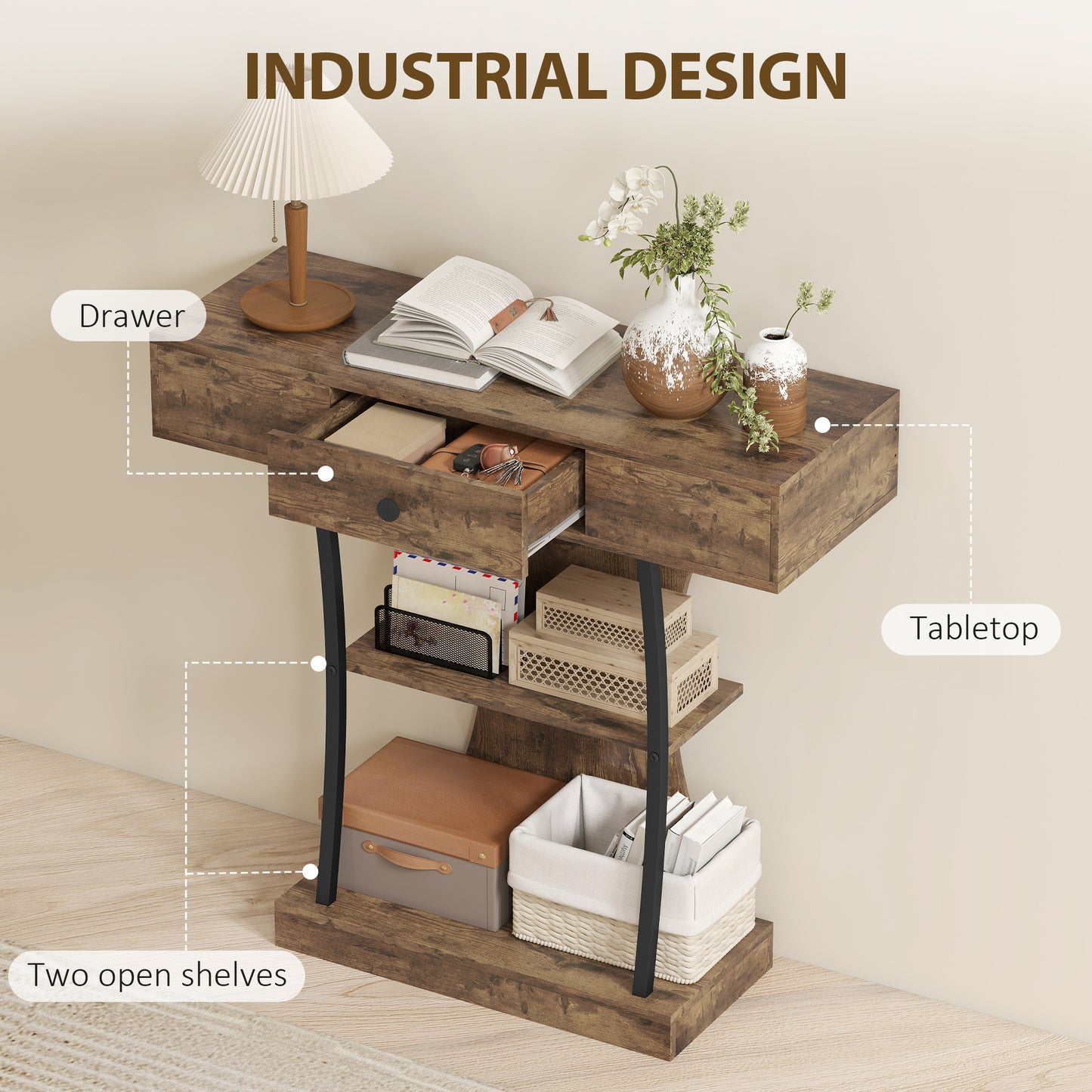 Console Table Hallway Table with Storage Shelves, Rustic Brown