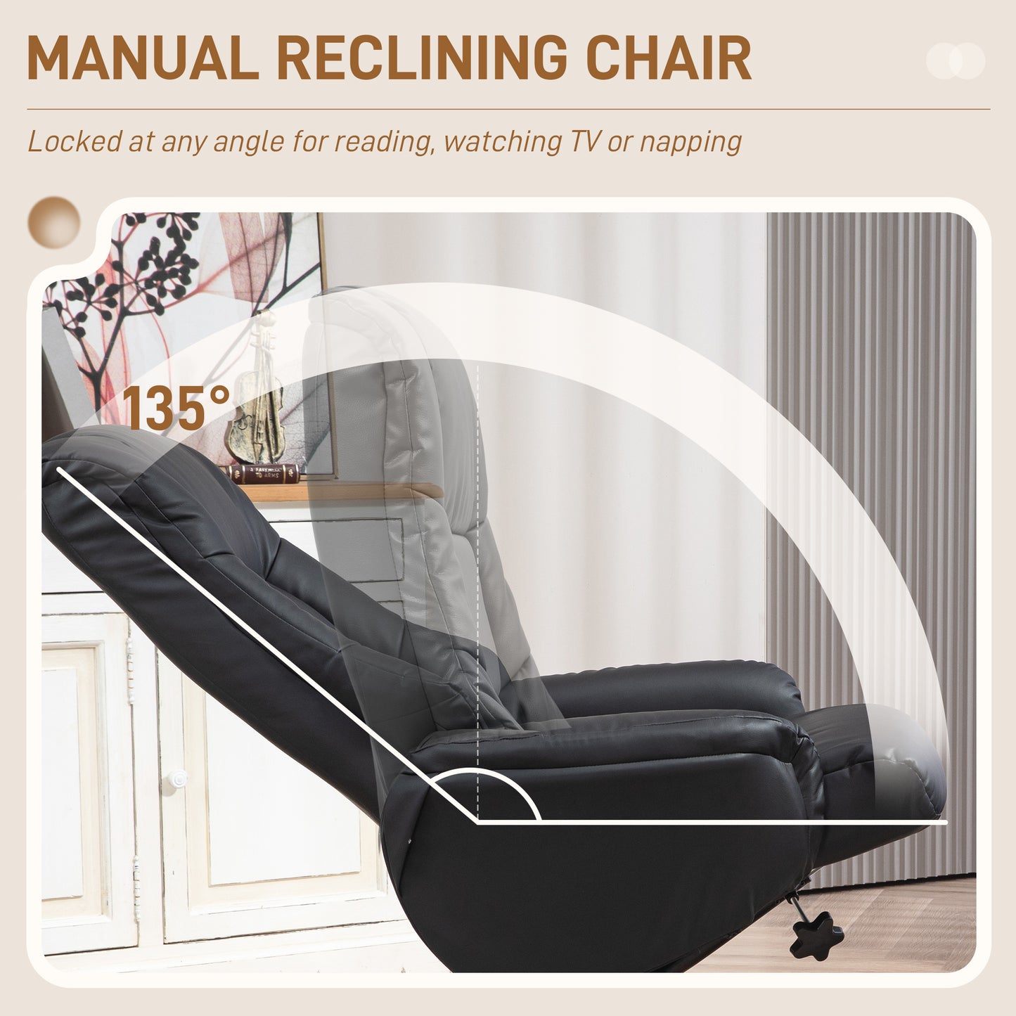 Recliner Armchair with Wood Base, Upholstered Reclining Chair, Black