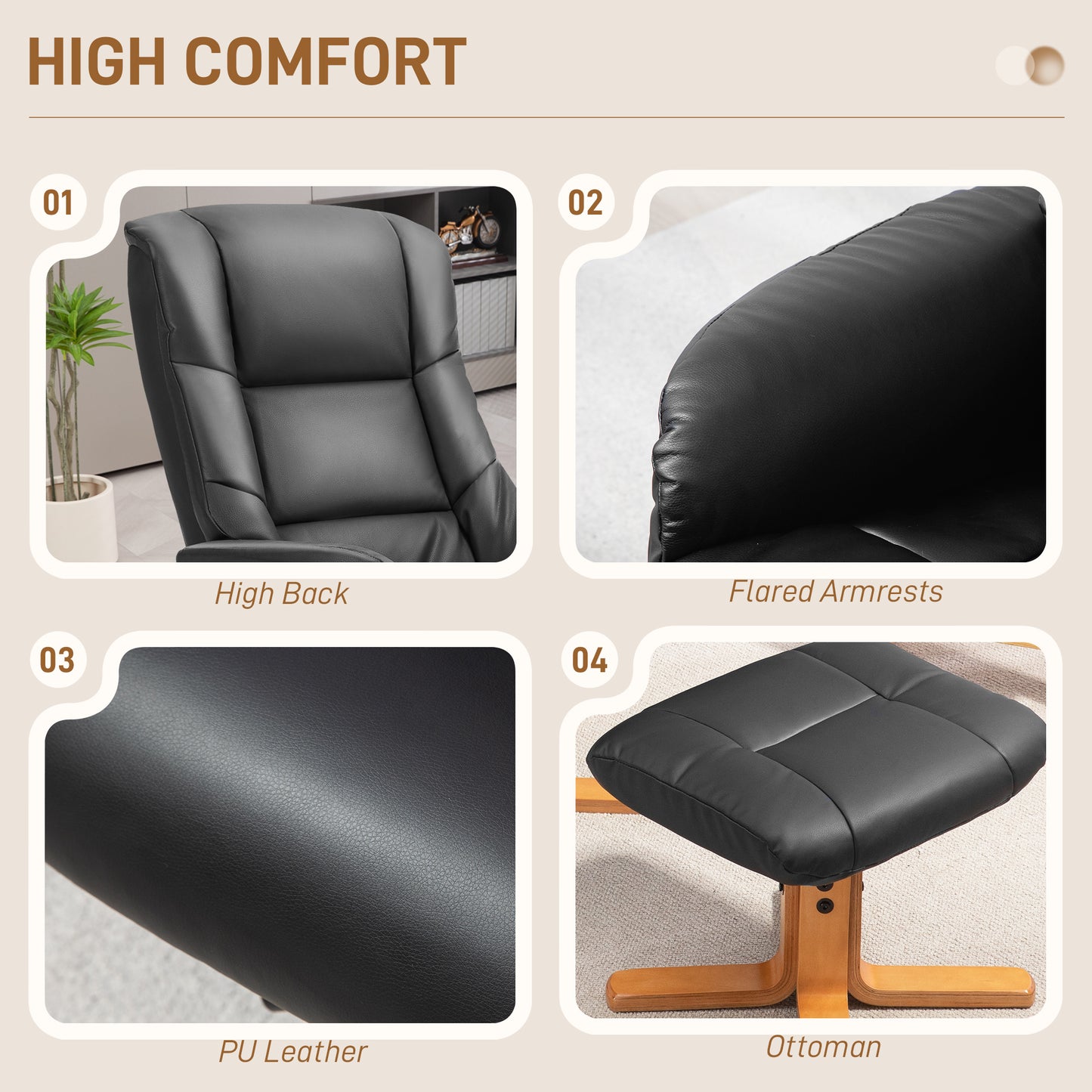 Recliner Armchair with Wood Base, Upholstered Reclining Chair, Black