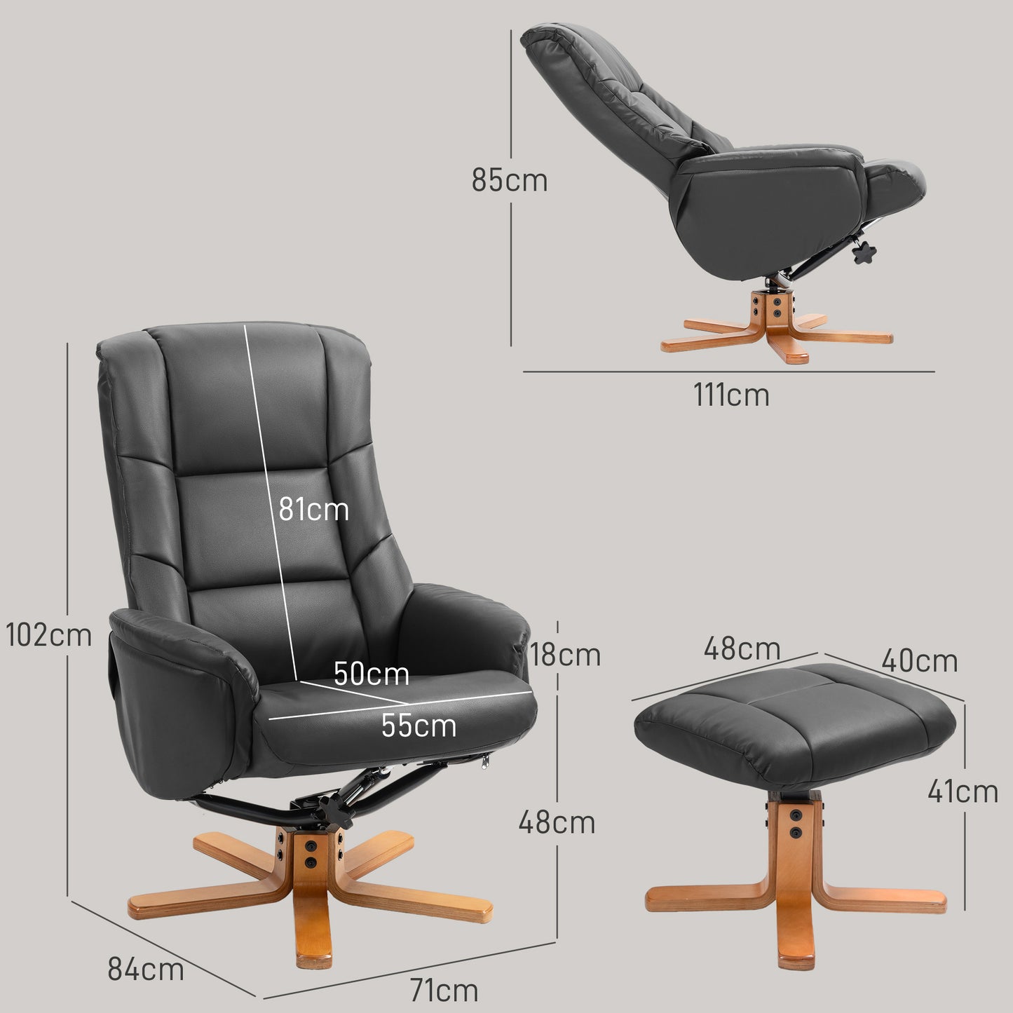 Recliner Armchair with Wood Base, Upholstered Reclining Chair, Black