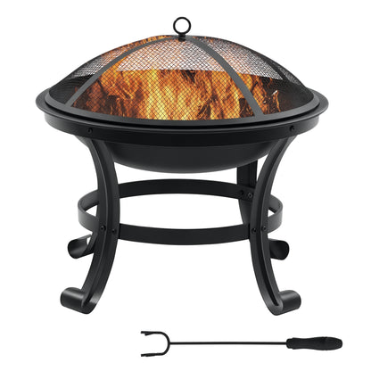 Outdoor Fire Pit, Wood Burner with Screen and Poker, Black