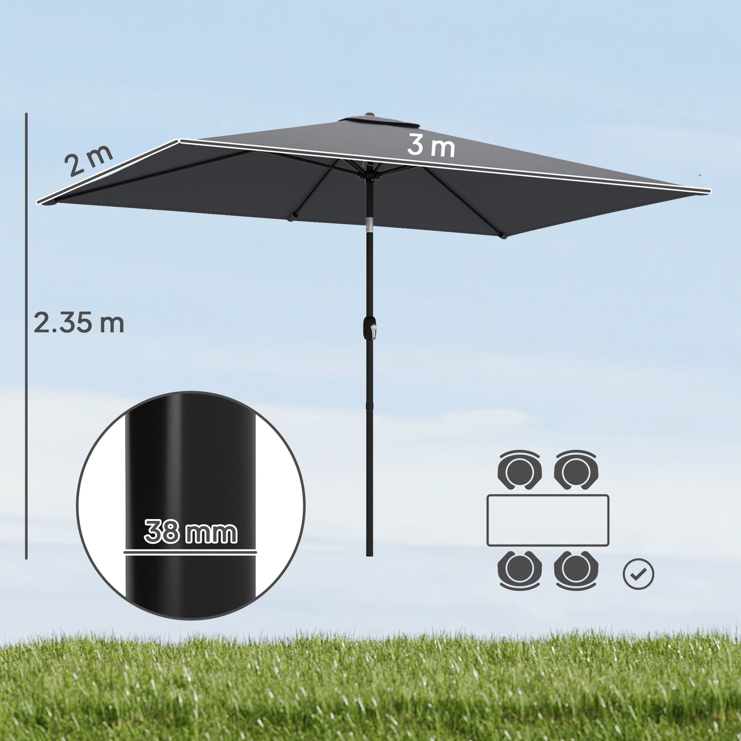 Garden Parasol, Outdoor Umbrella with Tilt Function, Dark Grey