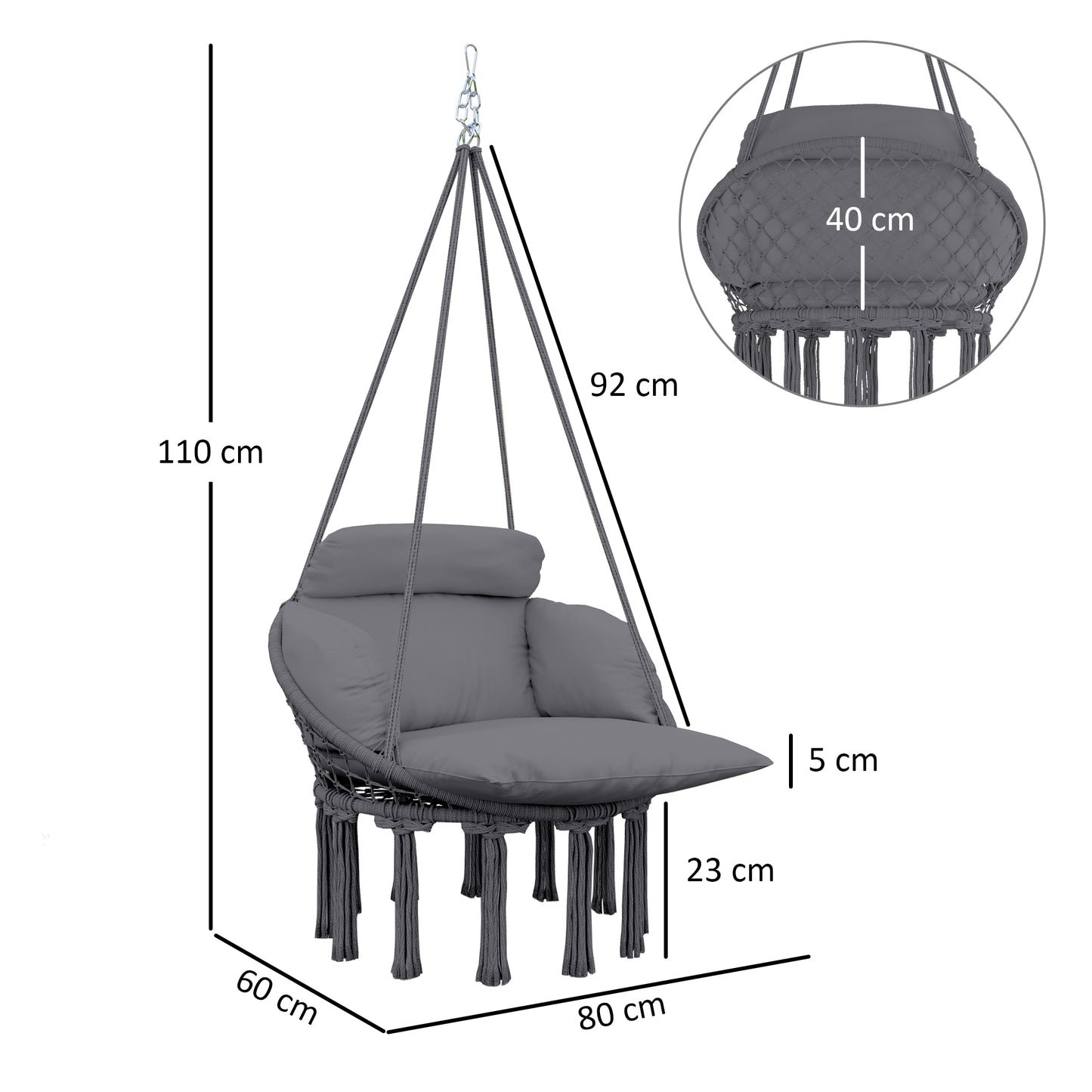 Hammock Chair, Boho Hanging Swing Chair with Cushion, Dark Grey