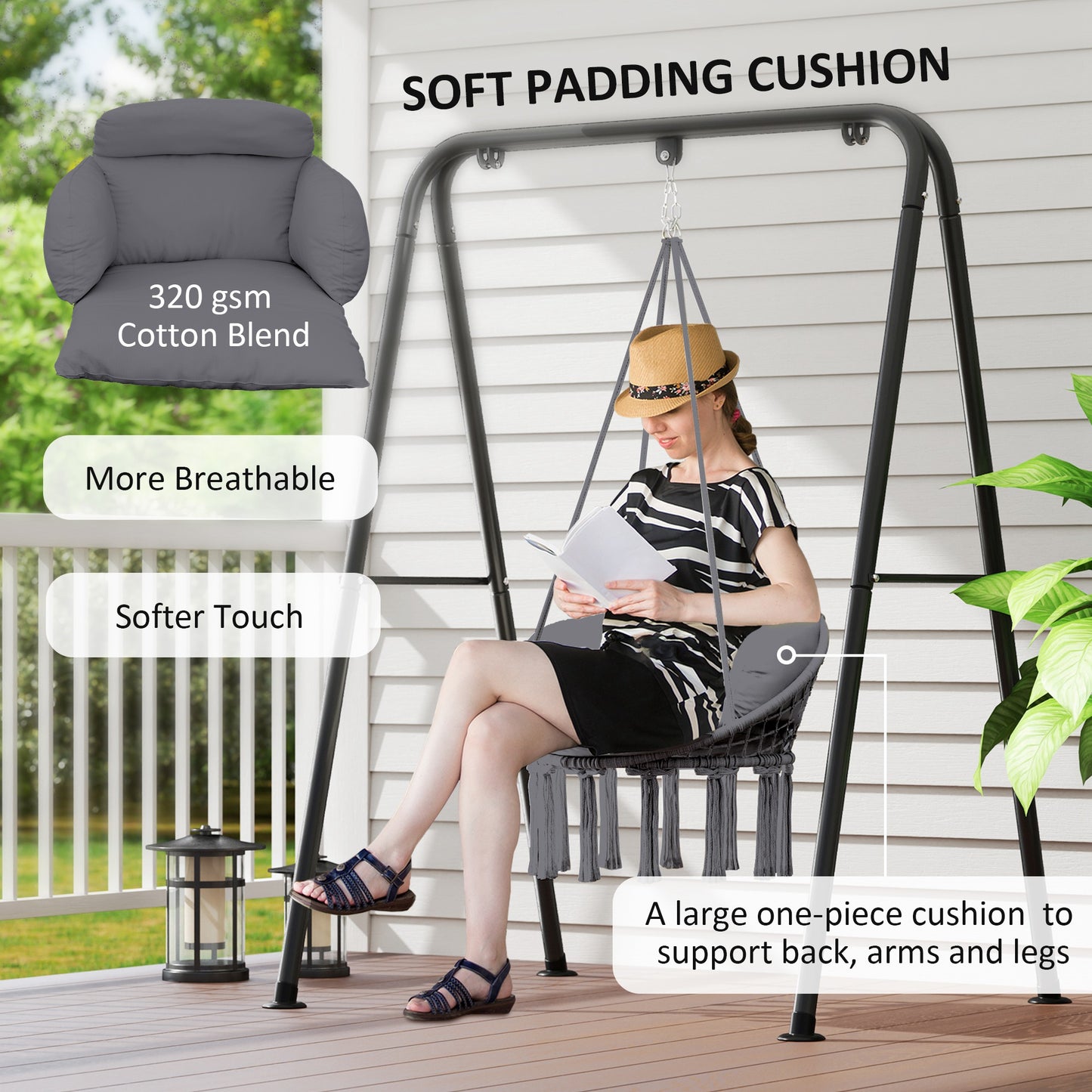 Hammock Chair, Boho Hanging Swing Chair with Cushion, Dark Grey
