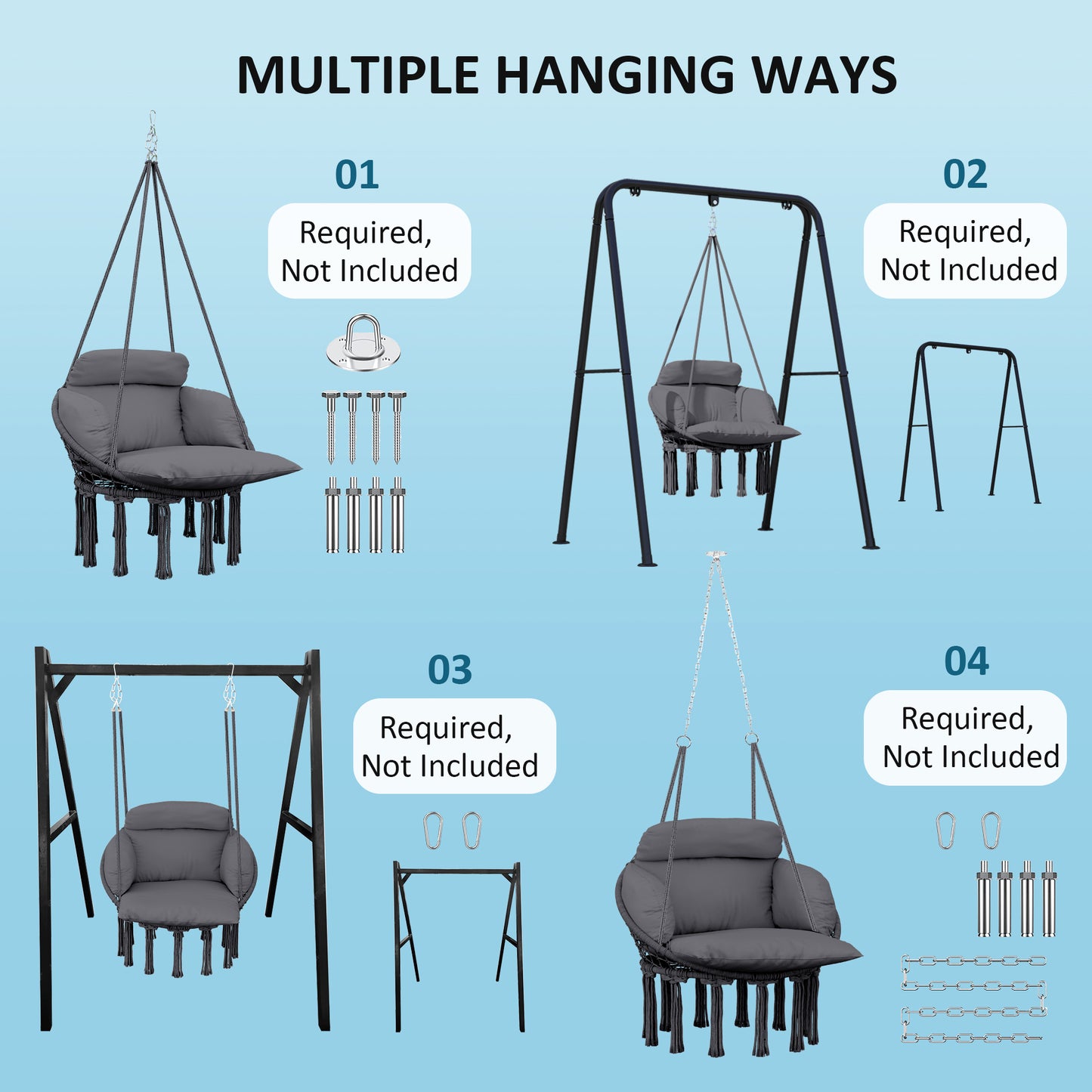 Hammock Chair, Boho Hanging Swing Chair with Cushion, Dark Grey