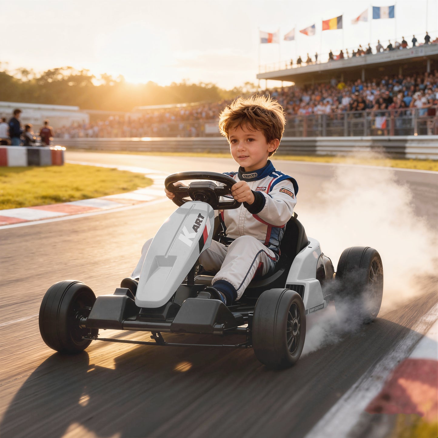 24V Electric Go Kart with Drift Mode, Adjustable Seat, White