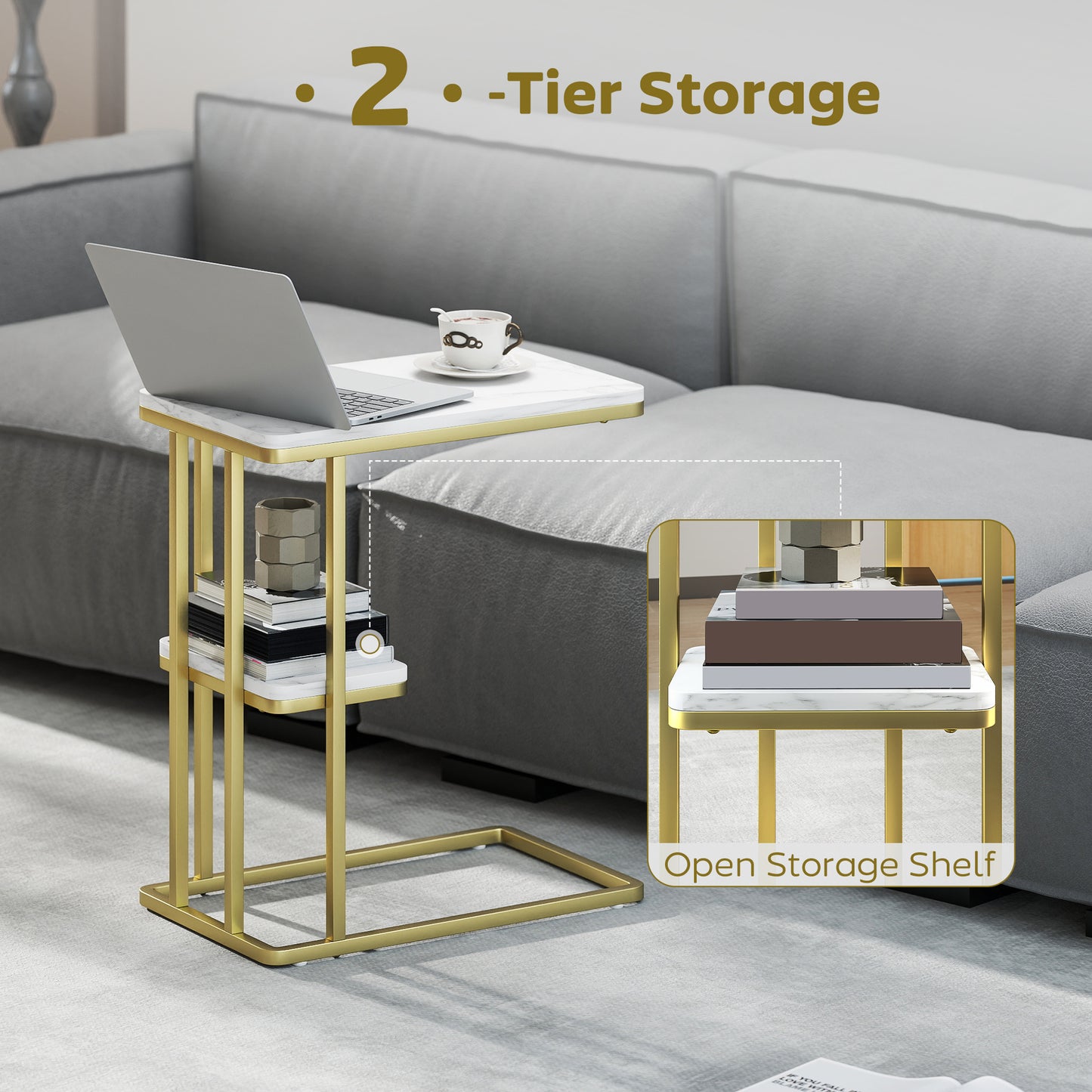 C-Shaped Narrow Side Table, End Table with Shelf, White Marble Grain