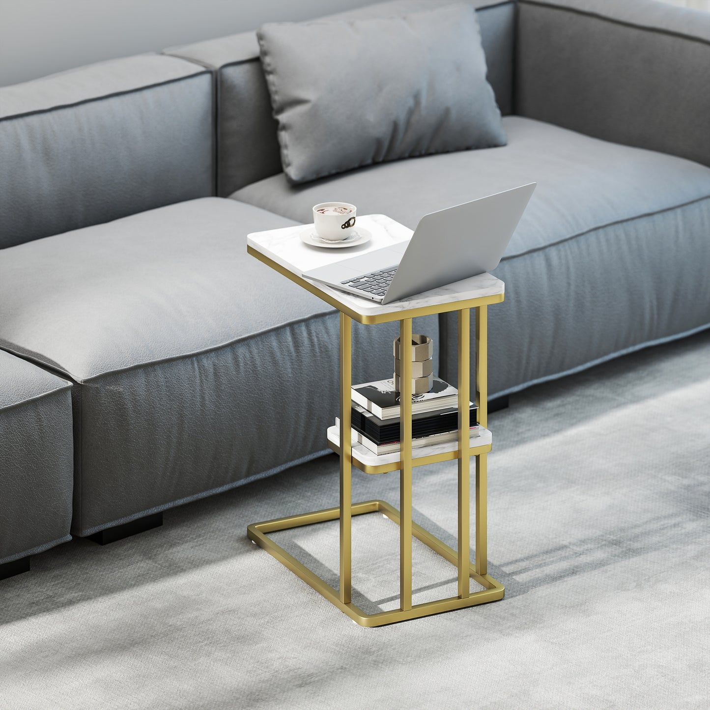 C-Shaped Narrow Side Table, End Table with Shelf, White Marble Grain