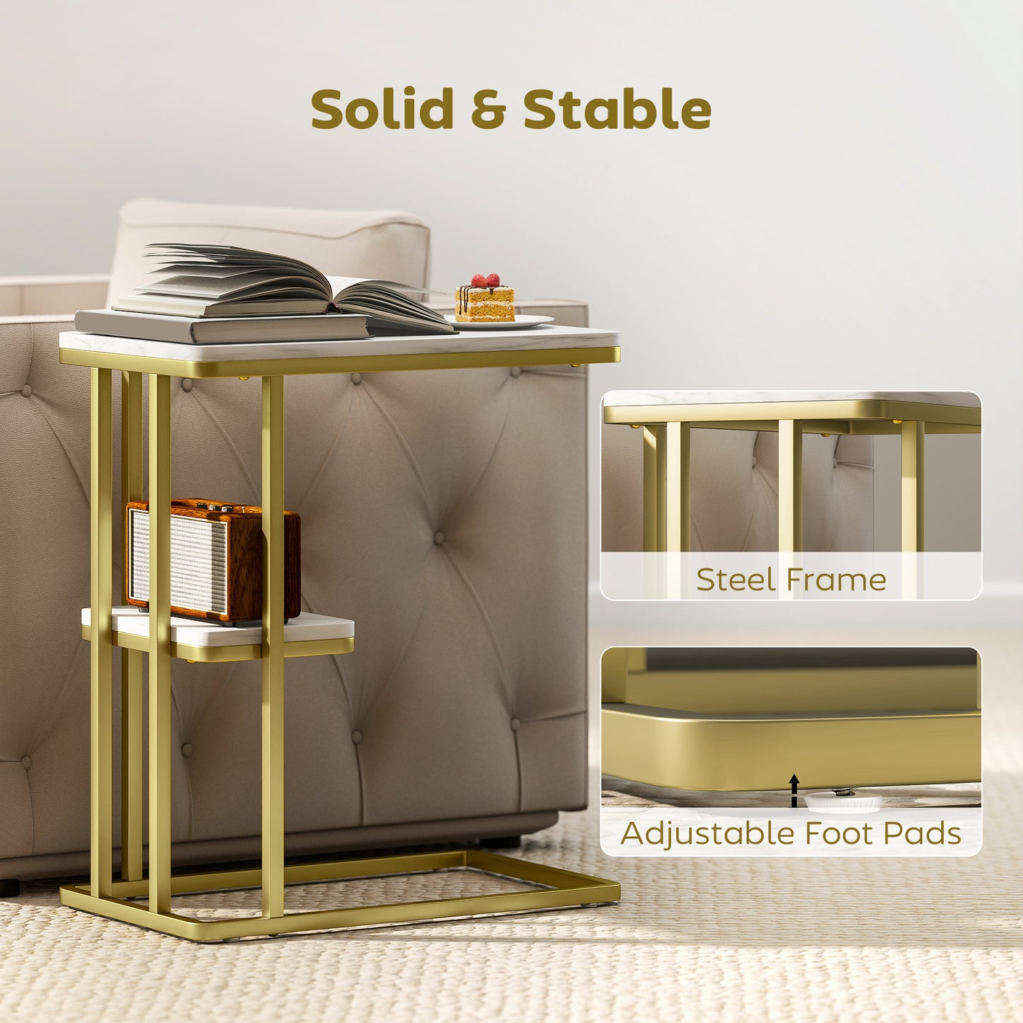 C-Shaped Narrow Side Table, End Table with Shelf, White Marble Grain
