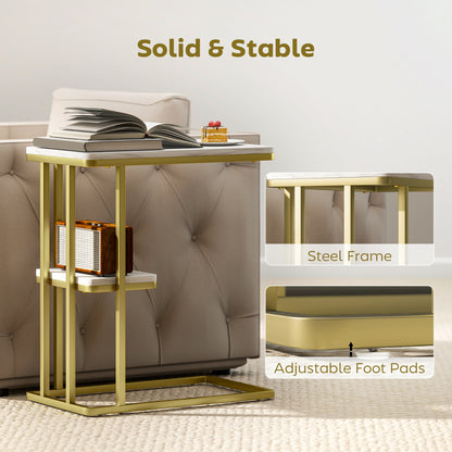 C-Shaped Narrow Side Table, End Table with Shelf, White Marble Grain