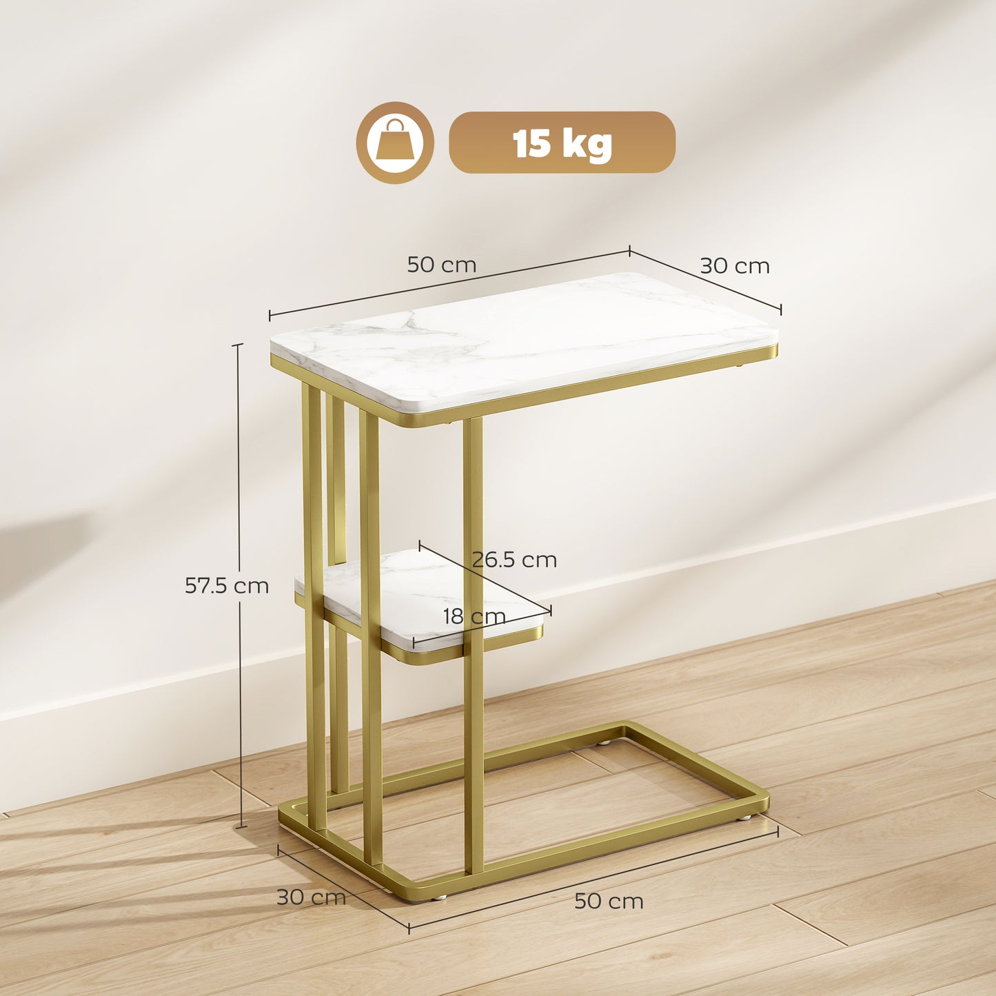 C-Shaped Narrow Side Table, End Table with Shelf, White Marble Grain