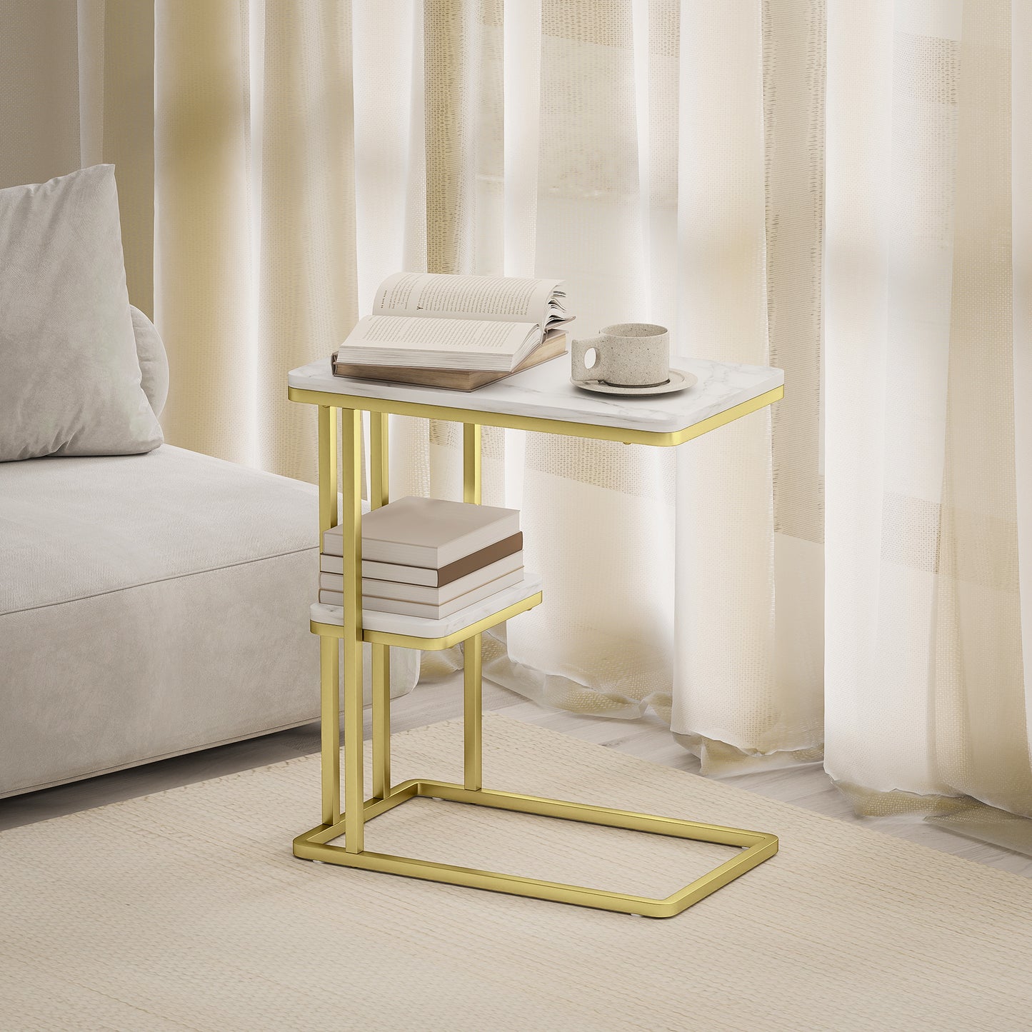 C-Shaped Narrow Side Table, End Table with Shelf, White Marble Grain
