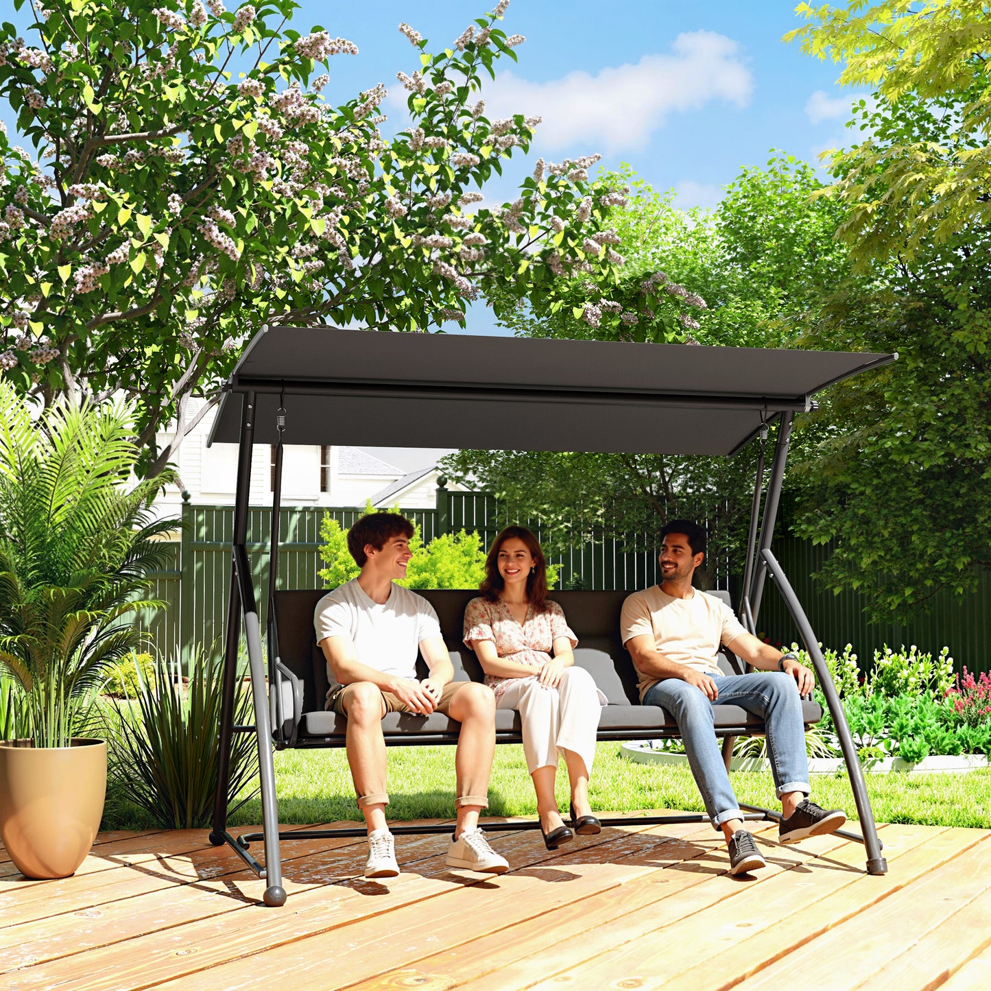 2-in-1 Swing Chair 3 Seater Hammock Cushion Bed Tilt Canopy Grey