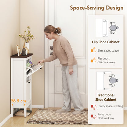 Shoe Cabinet with 2 Flip Drawers, Narrow Shoe Storage Cabinet, White