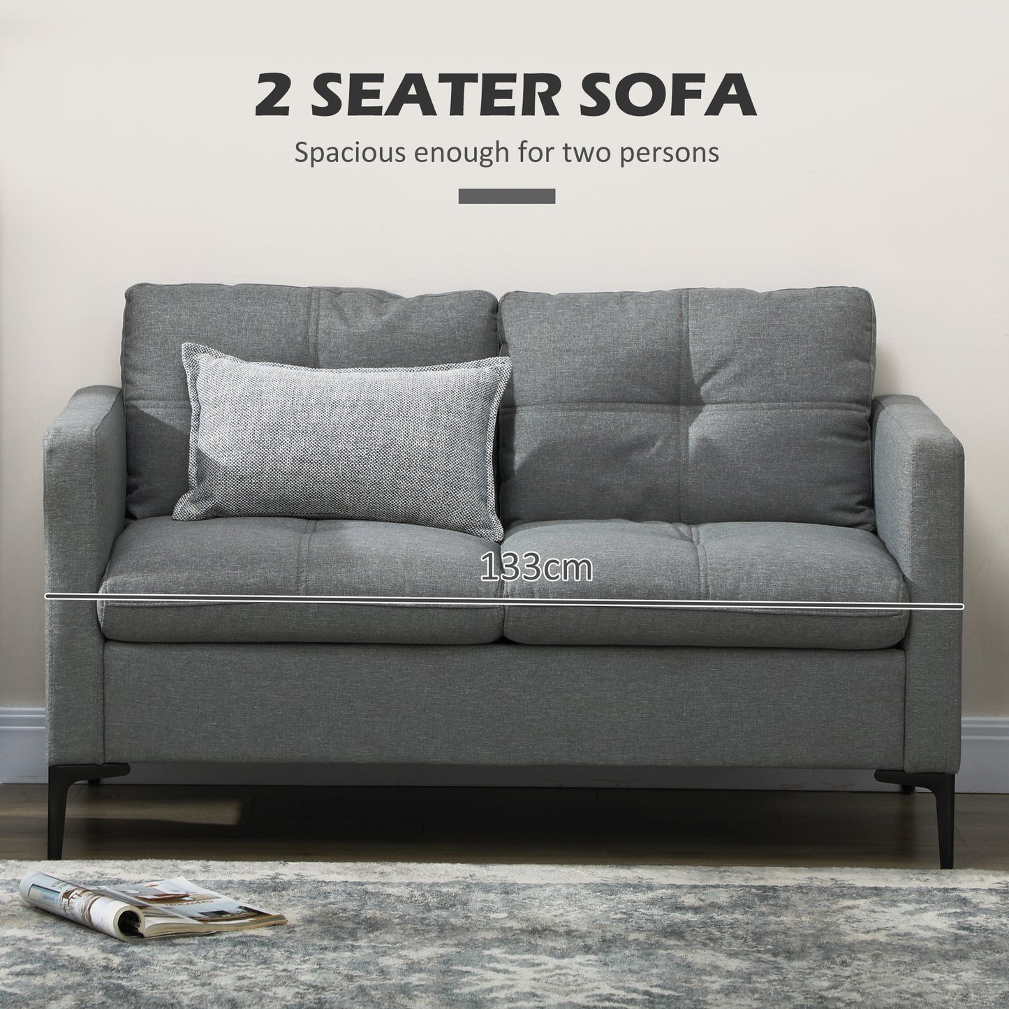 133cm Loveseat Sofa, Modern Fabric Couch with Steel Legs, Upholstered 2 Seater Sofa for Living Room, Bedroom, Grey