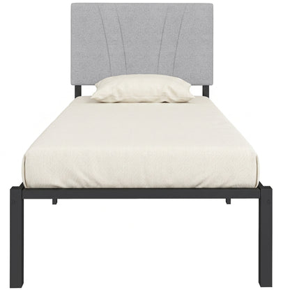 3FT Single Bed Frame with Upholstered and Padded Headboard, Metal Bed Frame with Underbed Storage and Steel Slat Support, No Box Spring Needed, Easy Assembly, Black and Light Grey