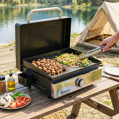 Grill Griddle, Tabletop Gas BBQ with Grease Cup, Black