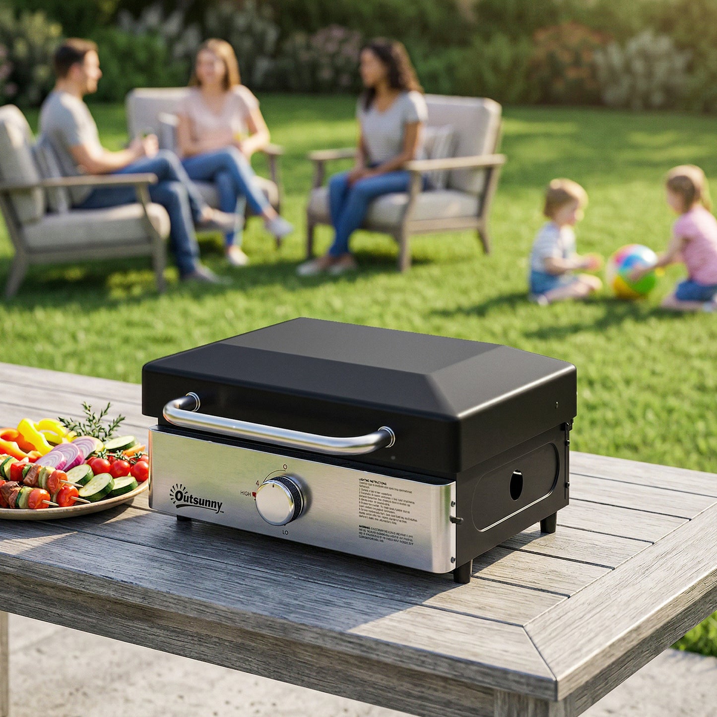 Grill Griddle, Tabletop Gas BBQ with Grease Cup, Black