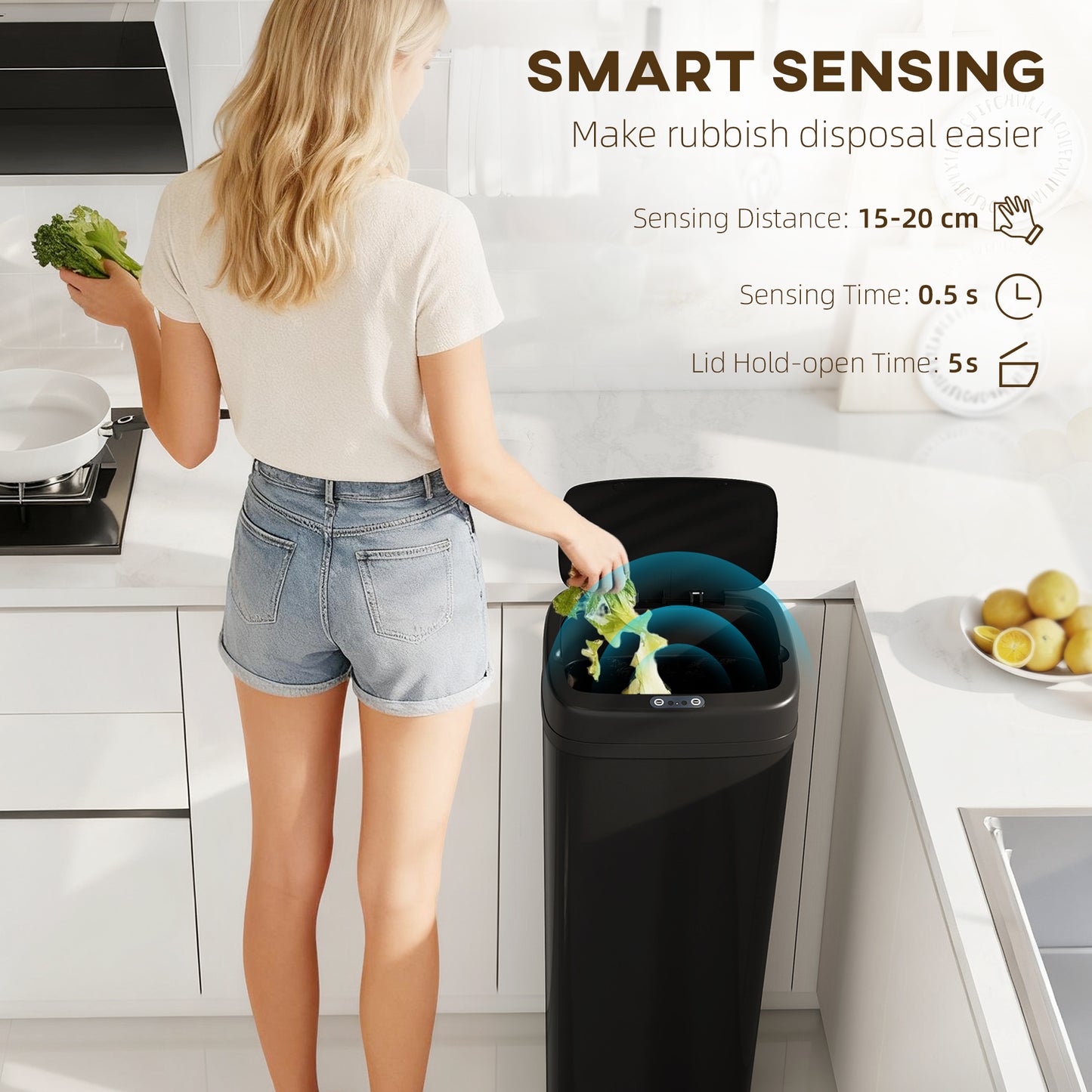 50L Sensor Bin, Stainless Steel Slim Kitchen Bin, Fingerprint-Proof